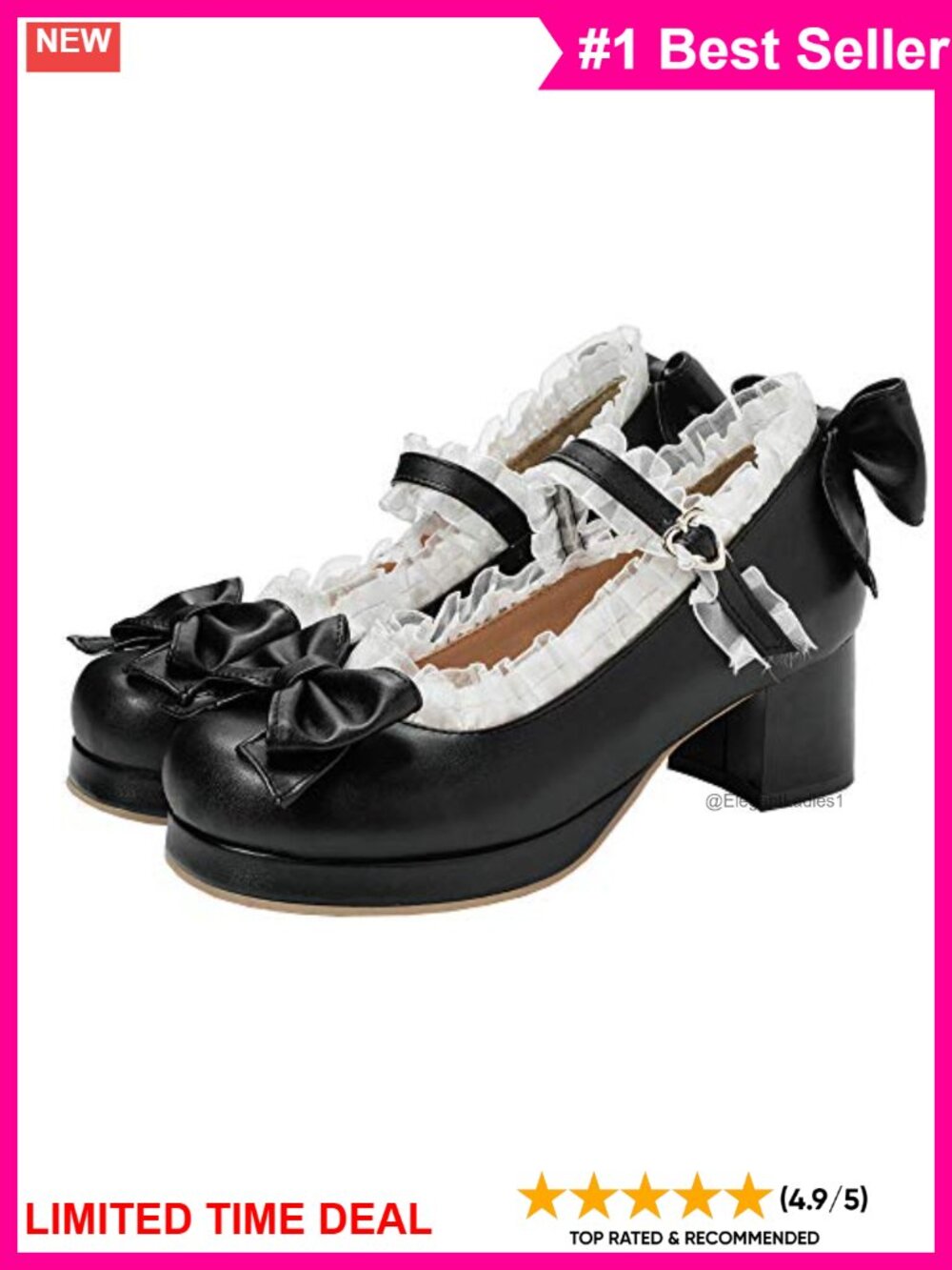 Kawaii Mary Jane Pumps Mid Block Heel Bow Buckle Synthetic Faux Leather